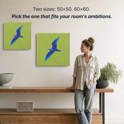 Bird canvas wall art two sizes 50x50cm and 60x60cm shown to scale, small wall art option available