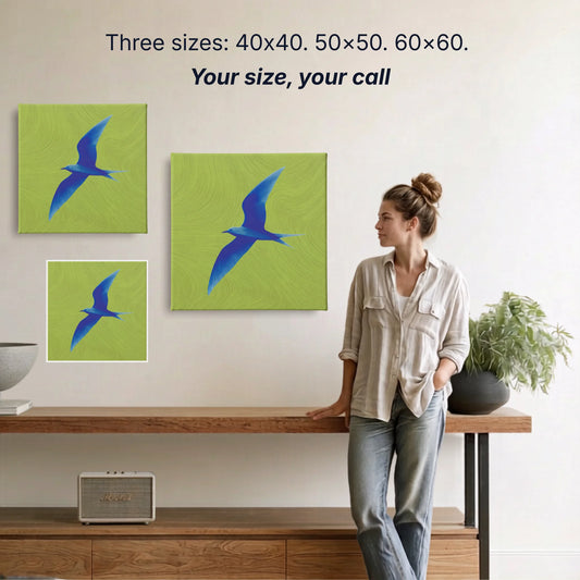Bird canvas wall art two sizes 50x50cm and 60x60cm shown to scale, small wall art option available