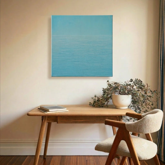 Blue abstract wall art ocean canvas in study nook with white desk, wooden chair, and indoor plants