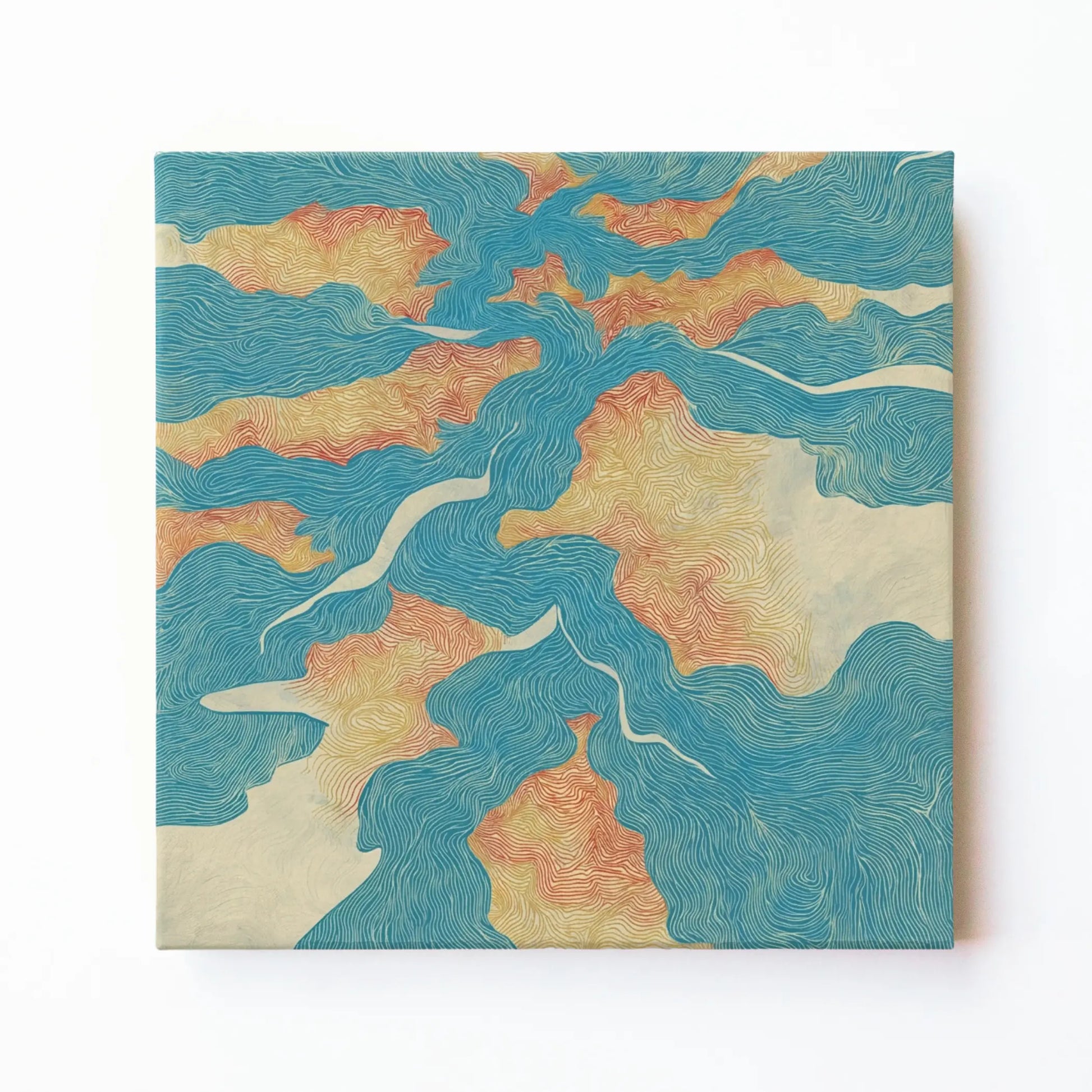 Blue river map wall art print by RoomFruit, turquoise waterways on warm terrain square printed canvas, Australian made