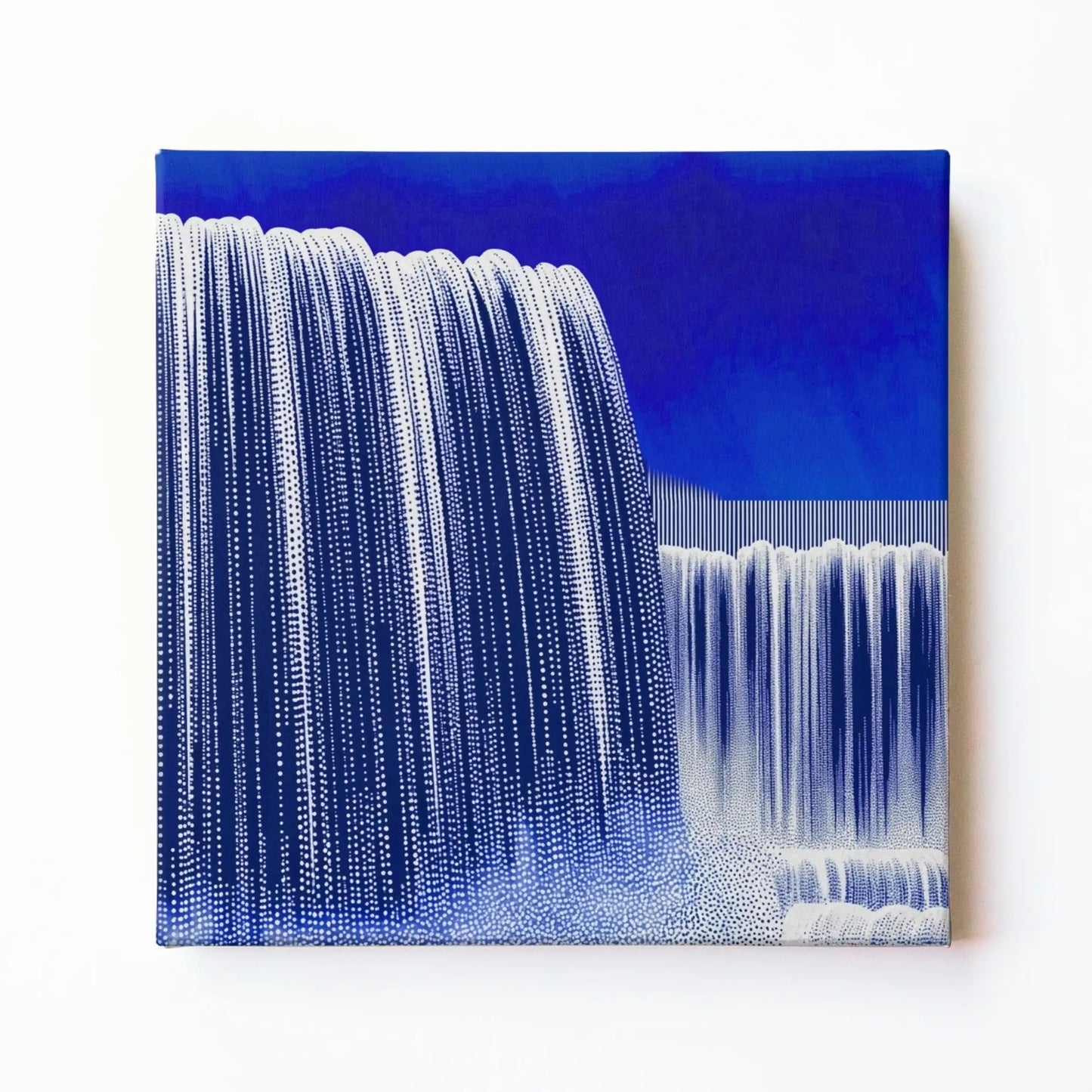 Blue waterfall wall art print by RoomFruit, cascading water on square printed canvas, Australian made