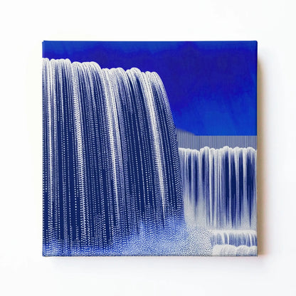 Blue waterfall wall art print by RoomFruit, cascading water on square printed canvas, Australian made