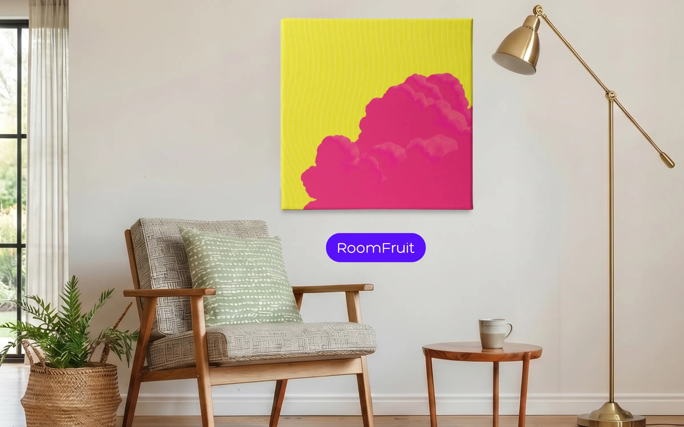 Saturated illustrative cloud canvas print on a neutral wall — RoomFruit canvas wall art, available in 50x50cm and 60x60cm