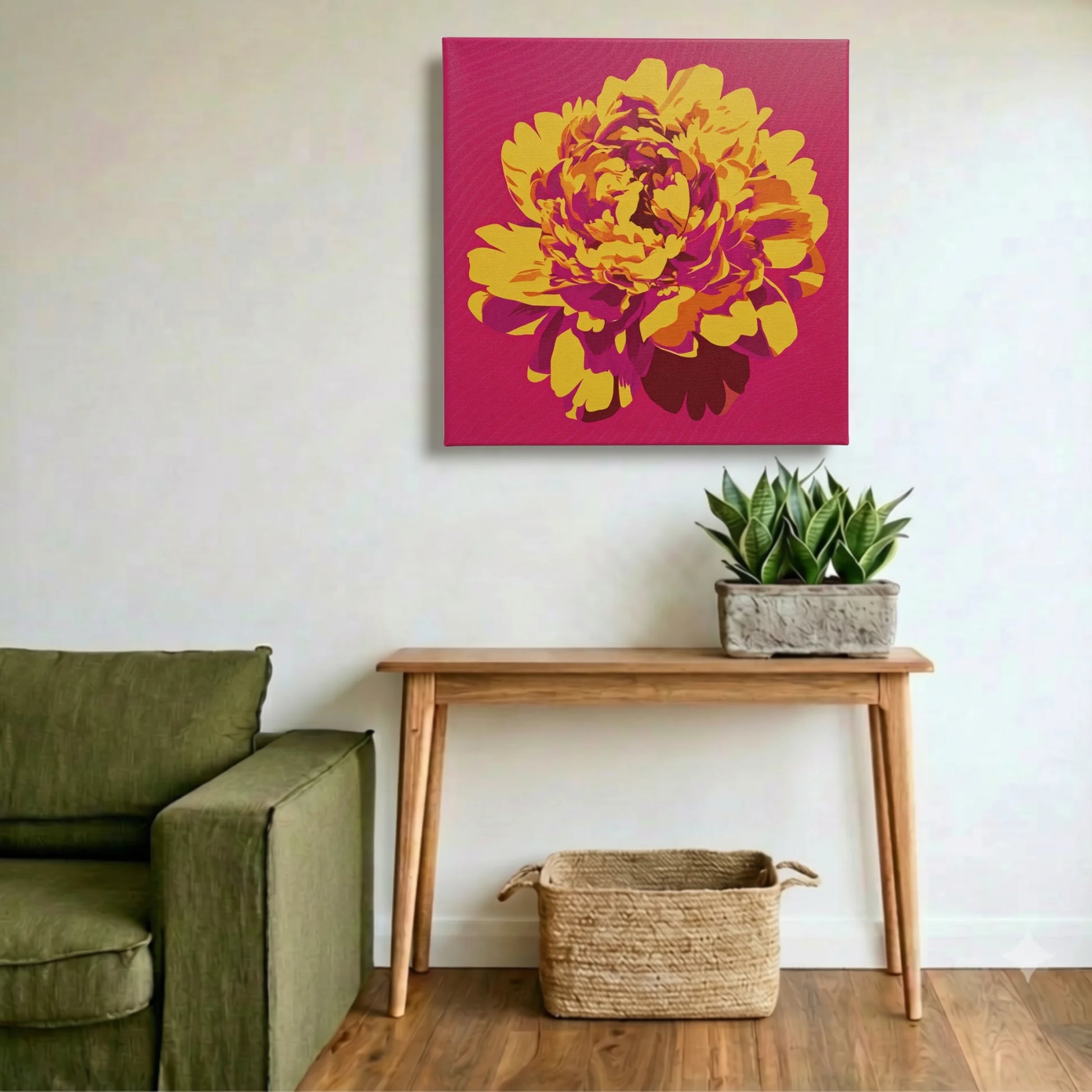 Bold floral wall art peony canvas in entryway with olive green sofa, timber console, and woven basket