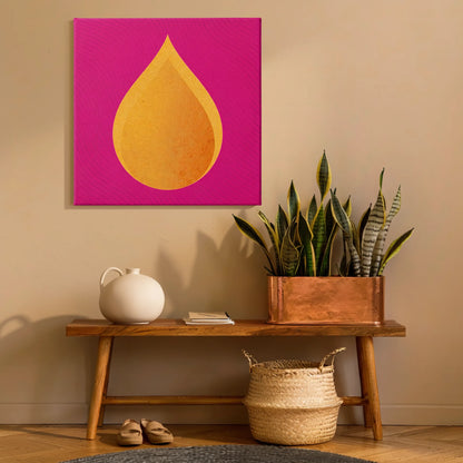 Bold wall art fire canvas in hallway with timber bench, woven basket, and warm natural light