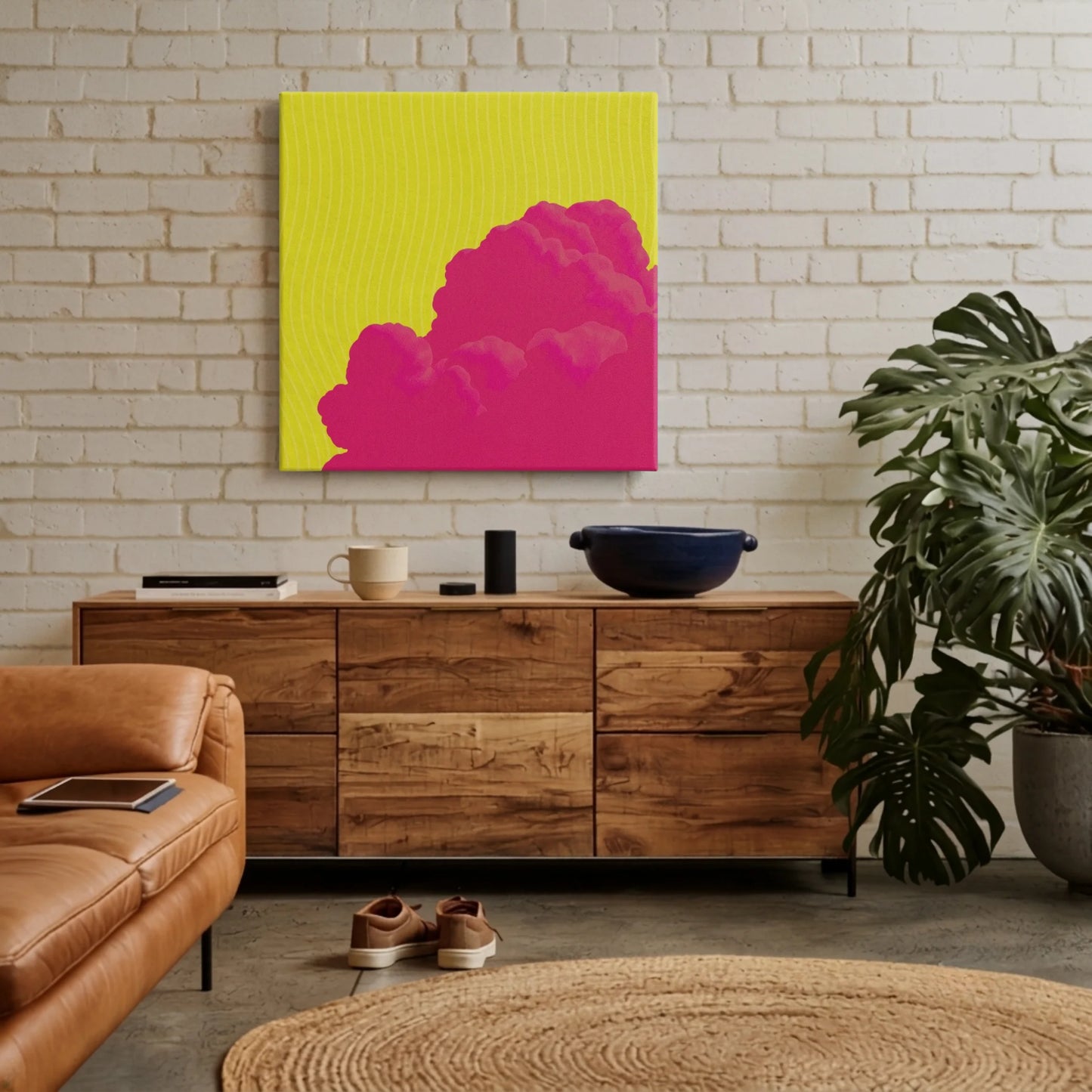 Bold wall art sky canvas in living room with timber credenza, jute rug, and indoor plants