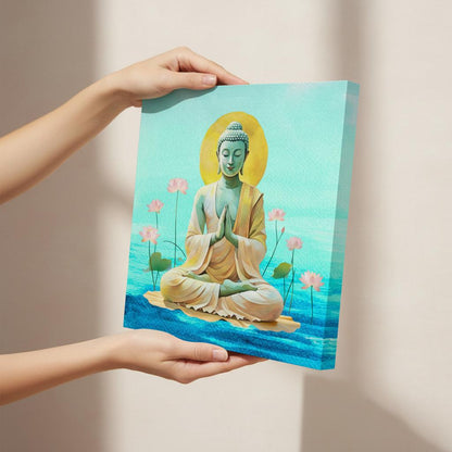 Close-up of Buddhist mudra decor highlighting pranam Buddha art details and spiritual health.