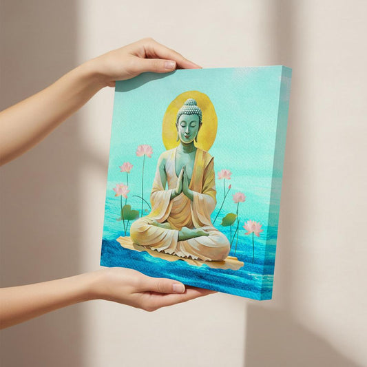 Close-up of Buddhist mudra decor highlighting pranam Buddha art details and spiritual health.