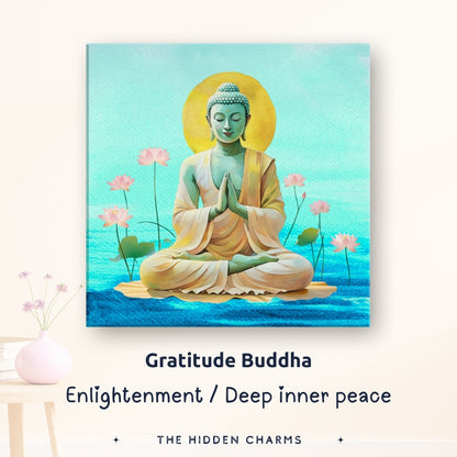 spiritual meaning of Pranam Mudra Buddha canvas art for spiritual wellness and mindfulness