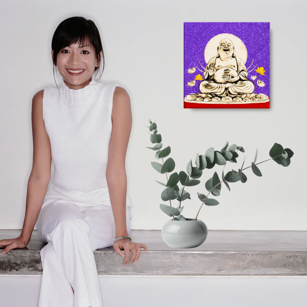 Woman sitting on floor with laptop and Buddha painting on wall, peaceful room decor.