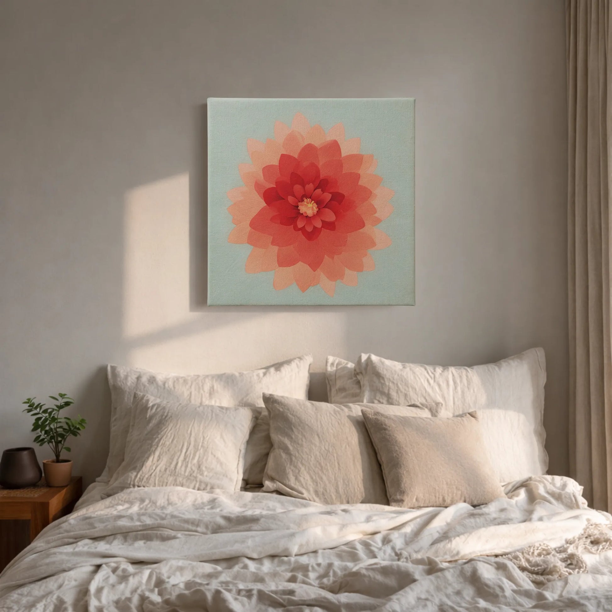 Calming wall art for bedroom, dahlia canvas above bed with grey linen bedding and natural timber headboard