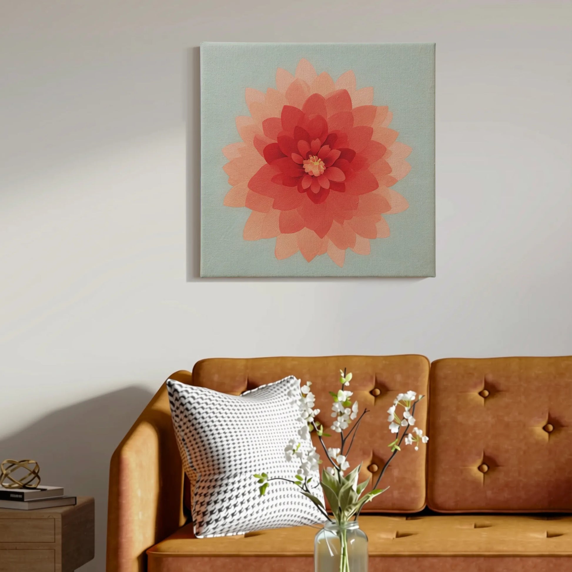 Calming wall art dahlia canvas in living room above grey sofa, warm timber flooring and natural light