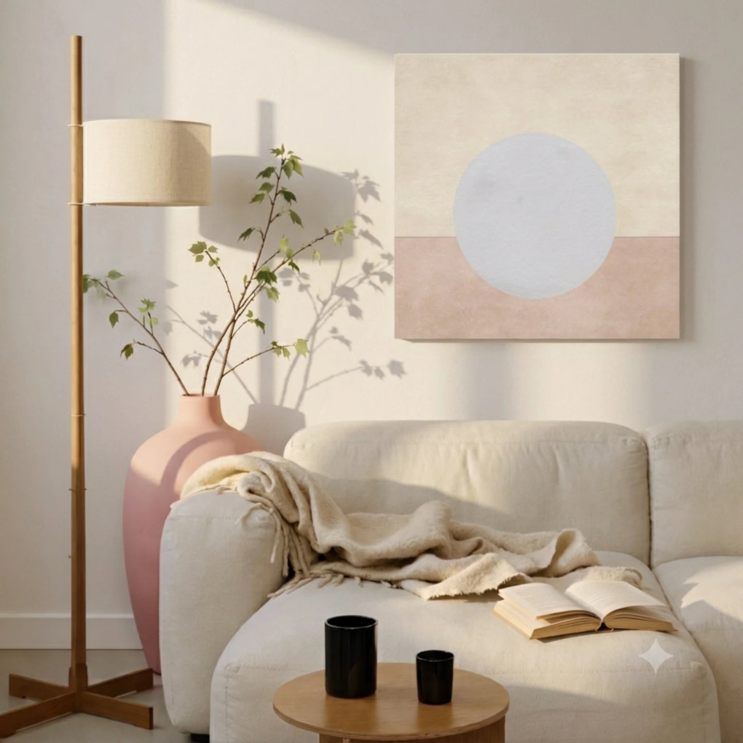 Calming wall art for living room, moon canvas above grey linen sofa with timber frame and natural light