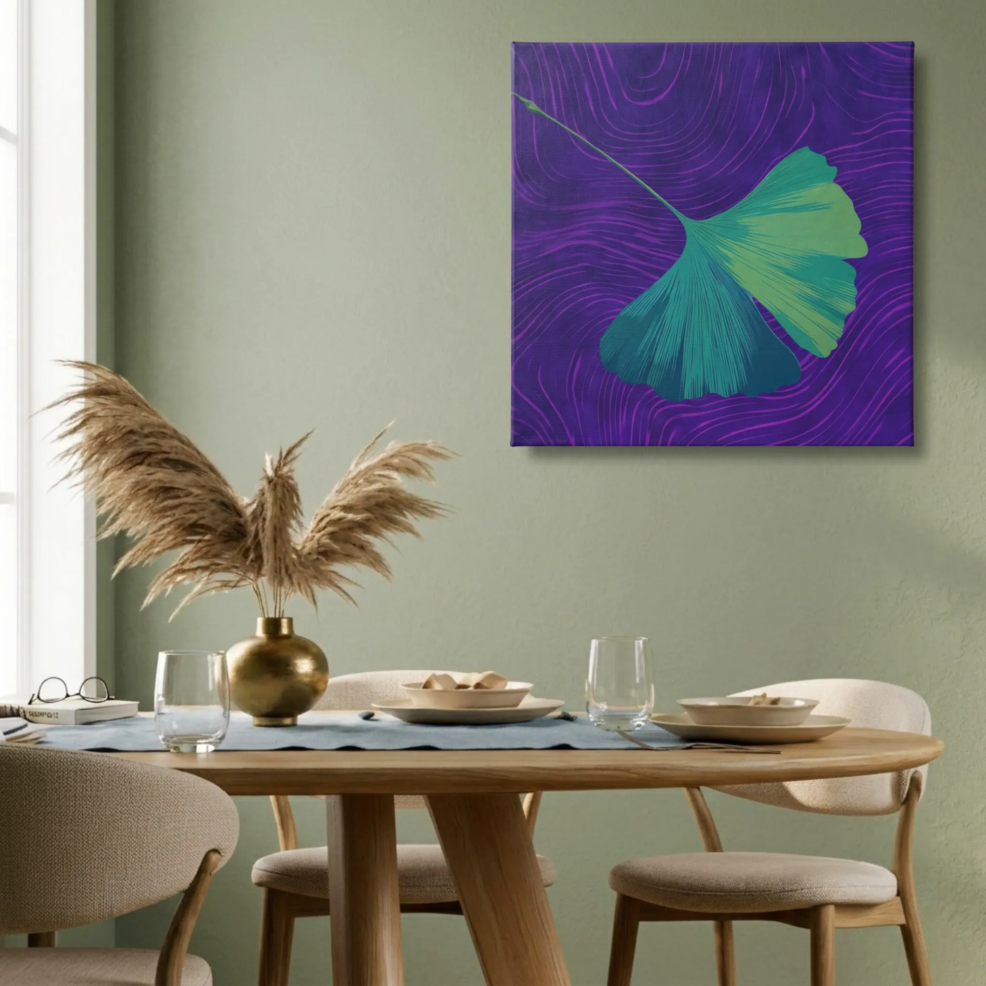 Calming wall art ginkgo canvas in dining room with timber table, warm chairs, and brass vase
