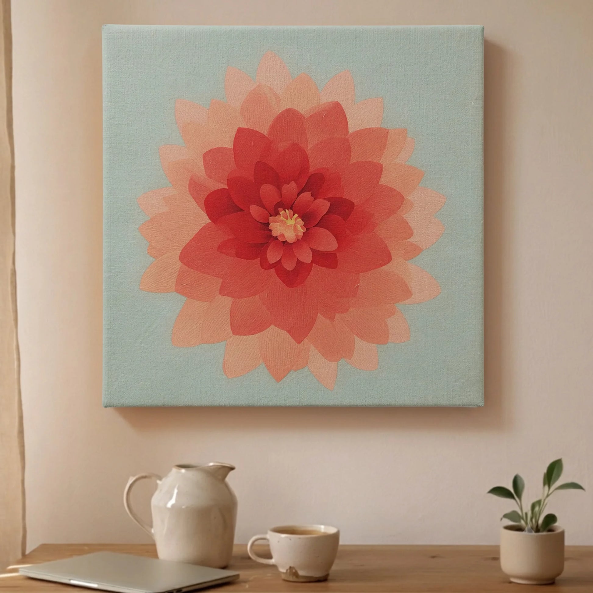 Calming wall art pink dahlia canvas printed in Australia, coral pink flower on pale mint square canvas, ready to hang by RoomFruit