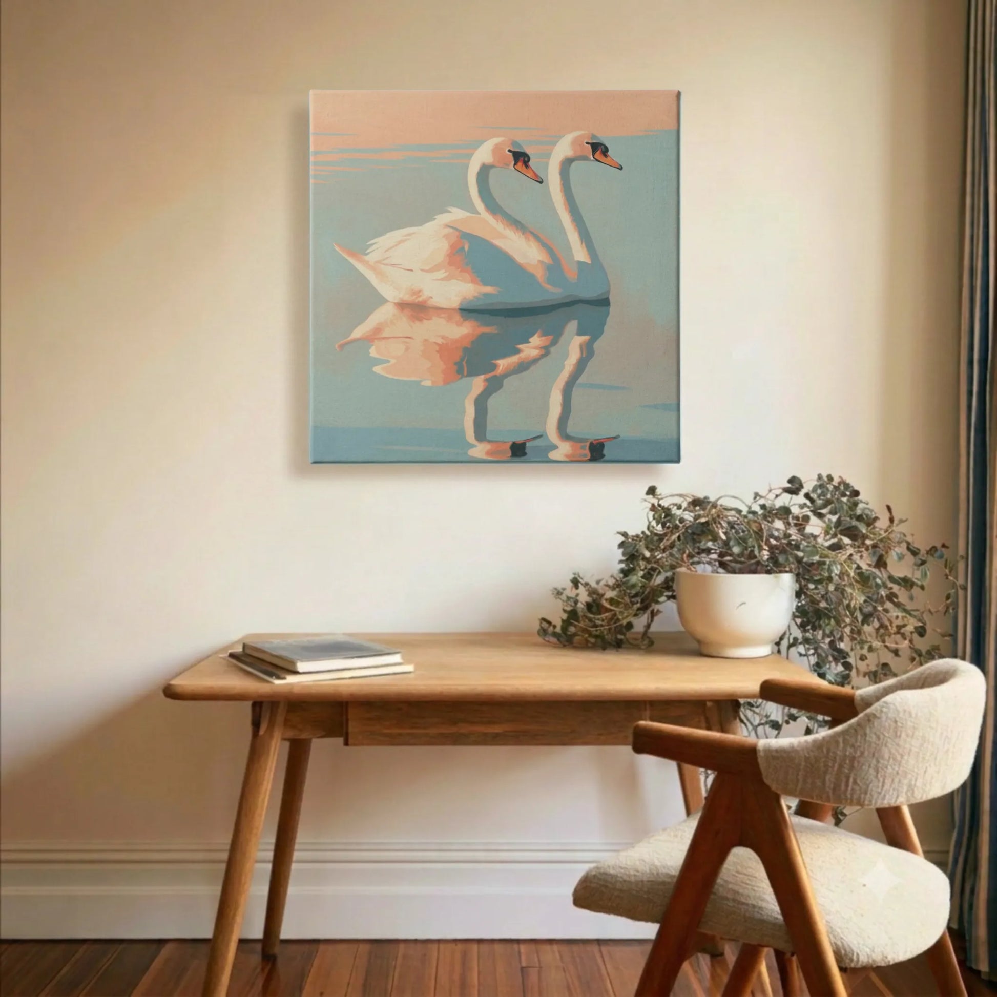 Calming wall art swan canvas in home office desk with warm grey walls and natural timber flooring