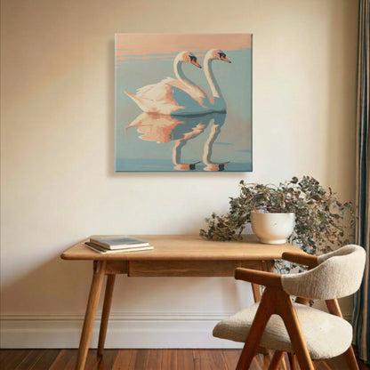 Calming wall art swan canvas in home office desk with warm grey walls and natural timber flooring