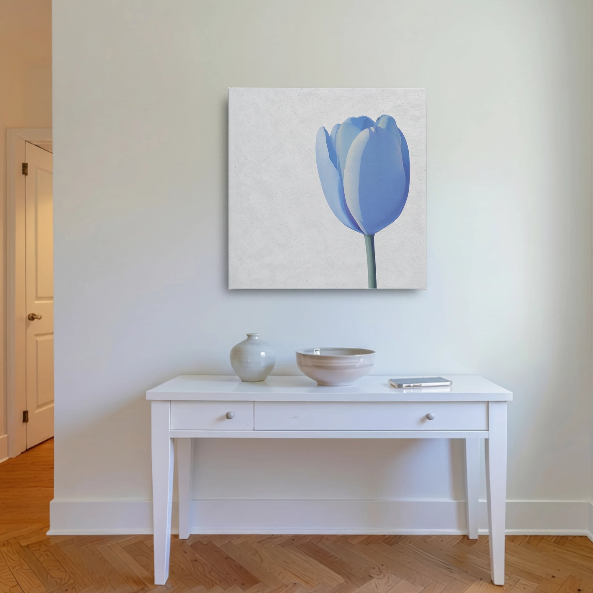 Calming wall art tulip canvas in entryway with white console table, olive throw, and warm timber flooring
