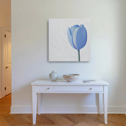 Calming wall art tulip canvas in entryway with white console table, olive throw, and warm timber flooring