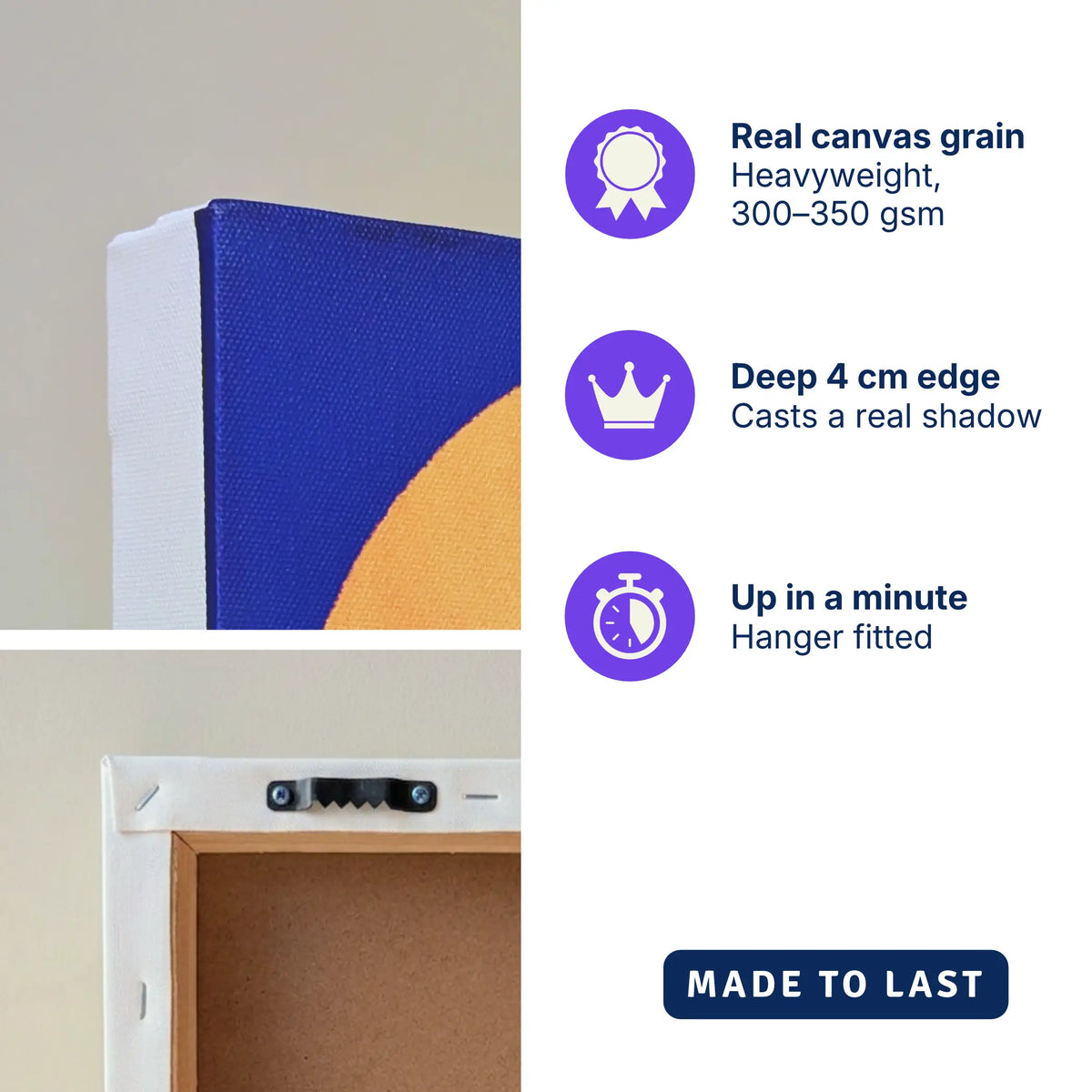Ready-to-hang canvas print: real canvas grain, deep 4 cm edge and sawtooth hanger on RISE Sun