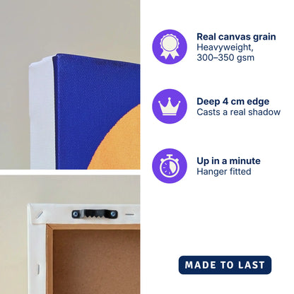 Ready-to-hang canvas print: real canvas grain, deep 4 cm edge and sawtooth hanger on RISE Sun