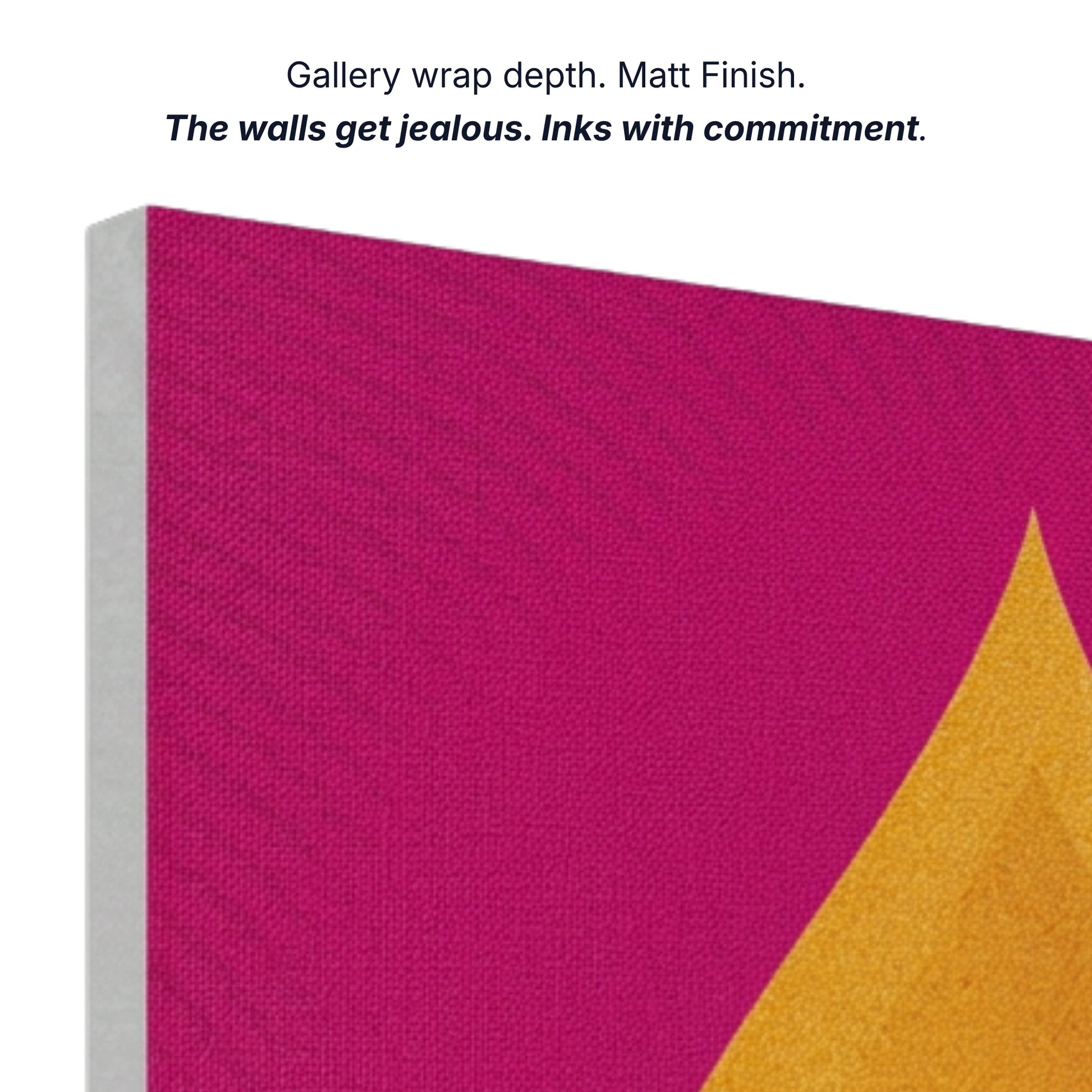 Canvas wall art gallery wrap depth with matt finish and archival inks, side profile of fire drop print