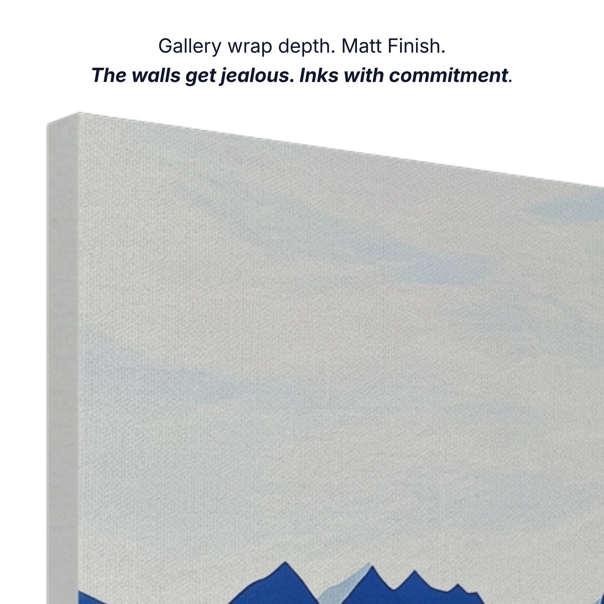 Canvas wall art gallery wrap depth with matt finish and archival inks, side profile of mountain print