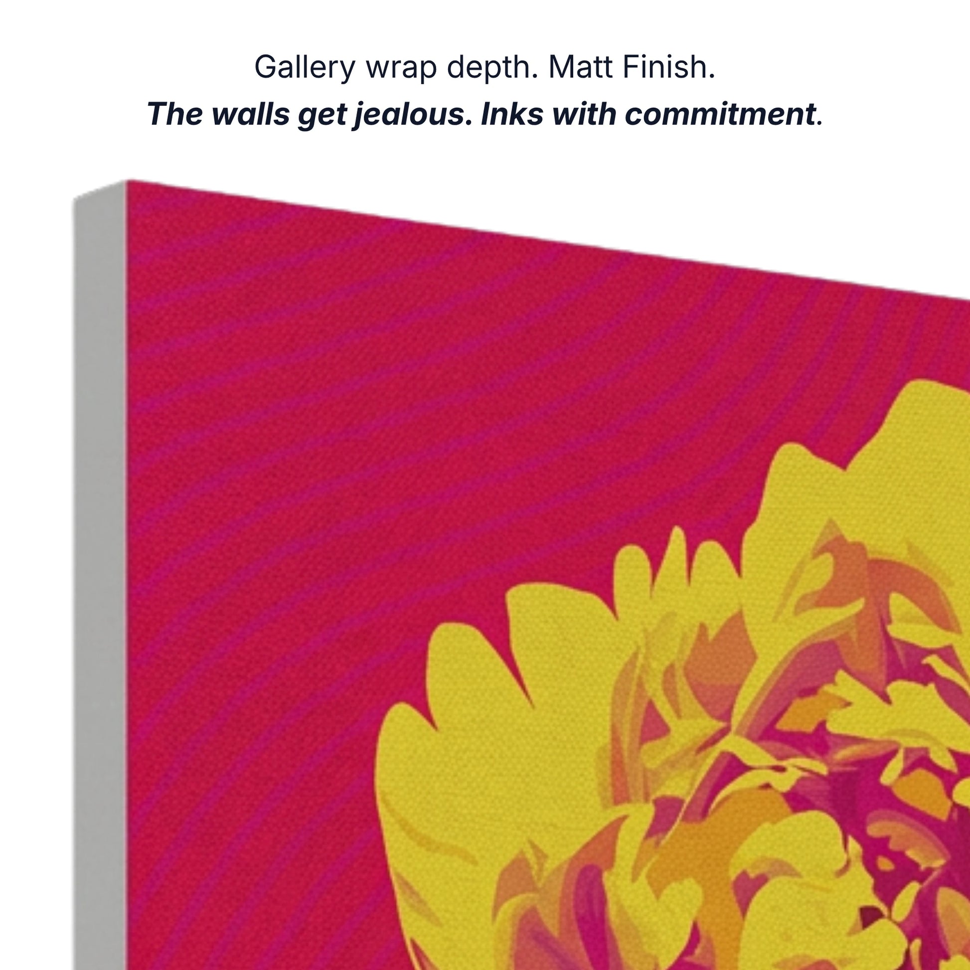 Canvas wall art gallery wrap depth with matt finish and archival inks, side profile of peony print