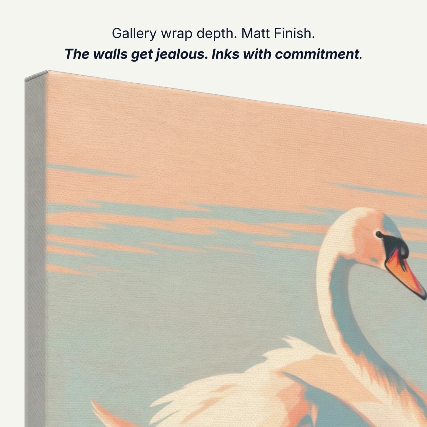 Canvas wall art gallery wrap depth with matt finish and archival inks, side profile of swan print