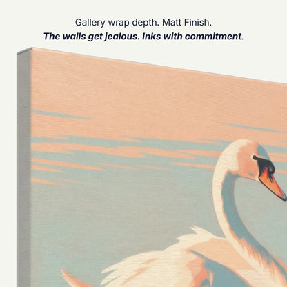 Canvas wall art gallery wrap depth with matt finish and archival inks, side profile of swan print
