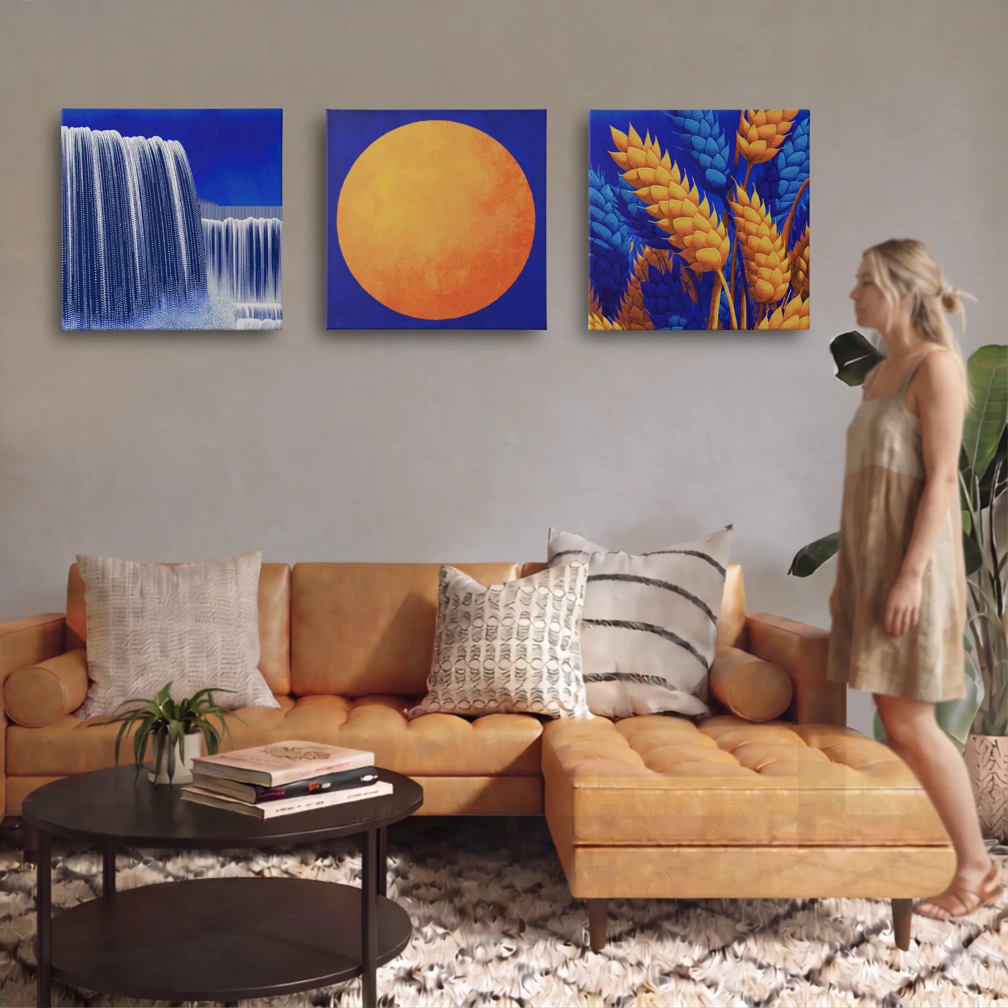 Canvas wall art set of three, LIT collection by RoomFruit, waterfall sun and harvest in warm living room, art to feel motivated