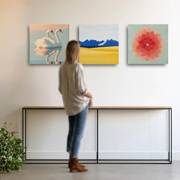 Canvas wall art set of three, SYNC collection by RoomFruit, swan mountains and dahlia in entryway, art for self love