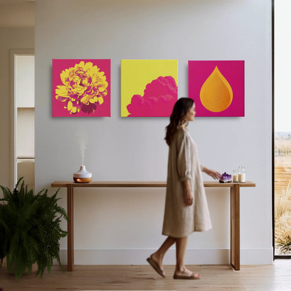 Canvas wall art set of three, WHOLE collection by RoomFruit, peony sky and fire in bright entryway, art that makes you feel alive