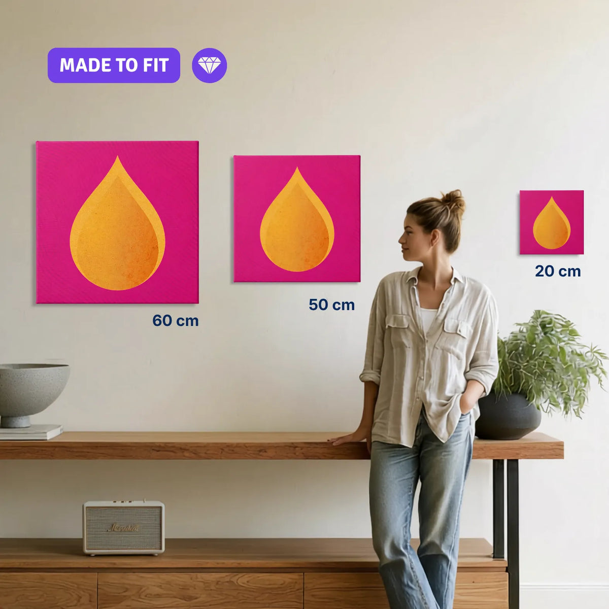 RESTORE Fire canvas print in 20, 50 and 60 cm sizes shown to scale on a wall