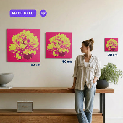 ALIVE Peony canvas print in 20, 50 and 60 cm sizes shown to scale on a wall