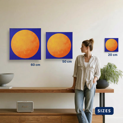 RISE Sun canvas print in 20, 50 and 60 cm sizes shown to scale on a wall