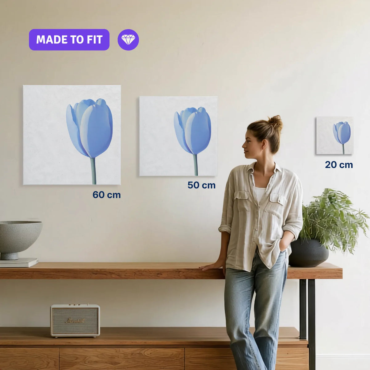 LINGER Tulip canvas print in 20, 50 and 60 cm sizes shown to scale on a wall