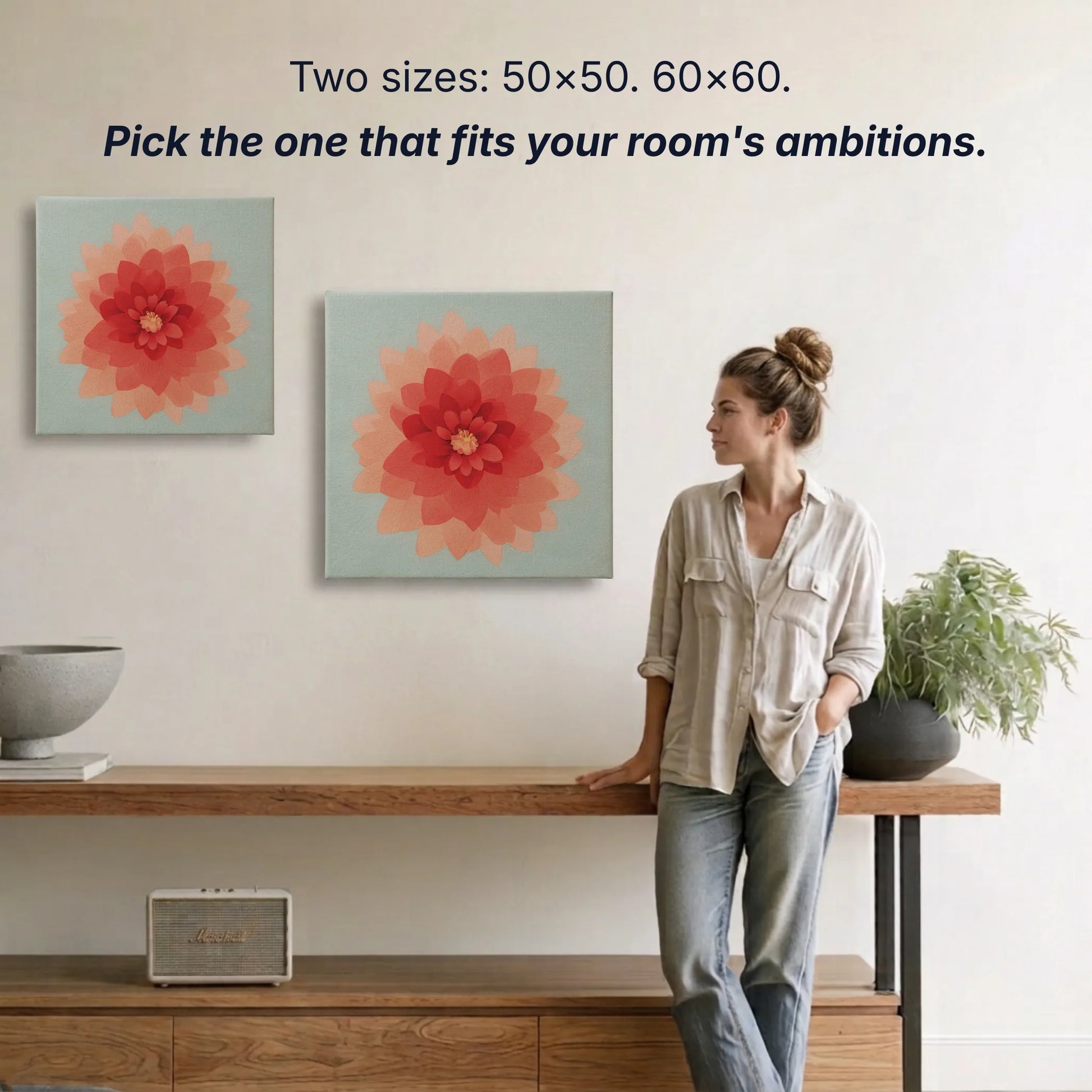 Dahlia canvas wall art two sizes 50x50cm and 60x60cm shown to scale, small wall art option available