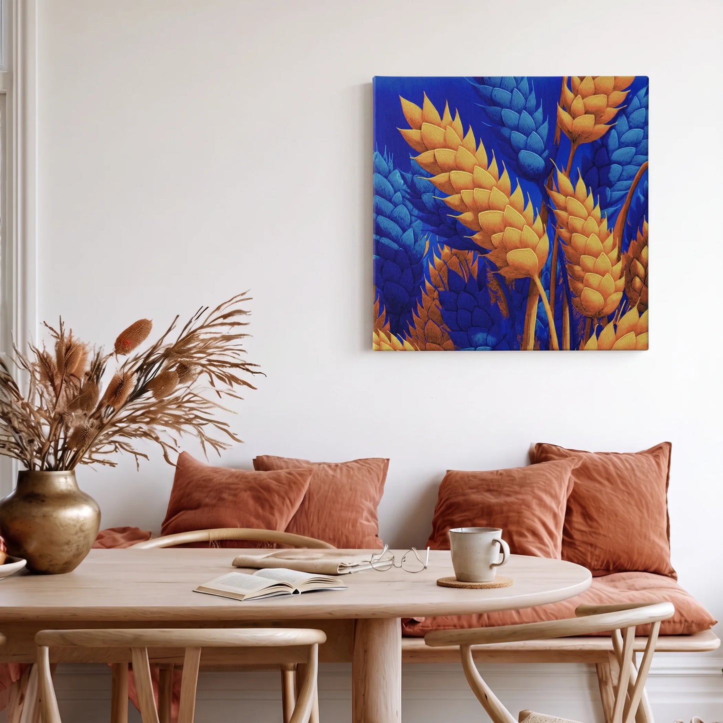 Feel abundant with wheat canvas wall art in dining area with leather chair and warm timber flooring