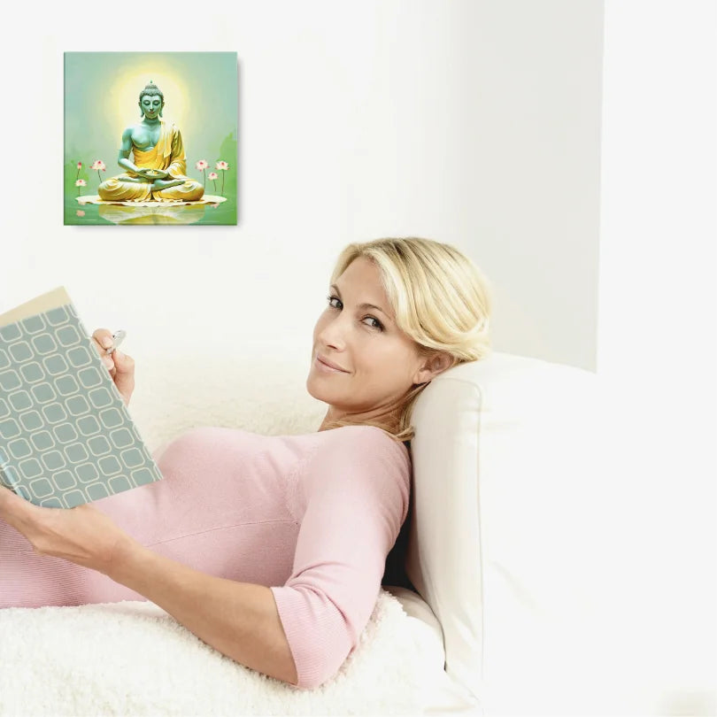 Blonde woman reading a book in a cozy living room with Buddha decor on the wall.