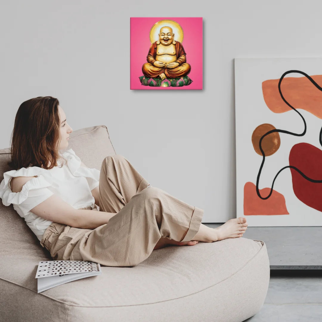 Woman working on laptop in living room with colorful Buddha painting on wall.