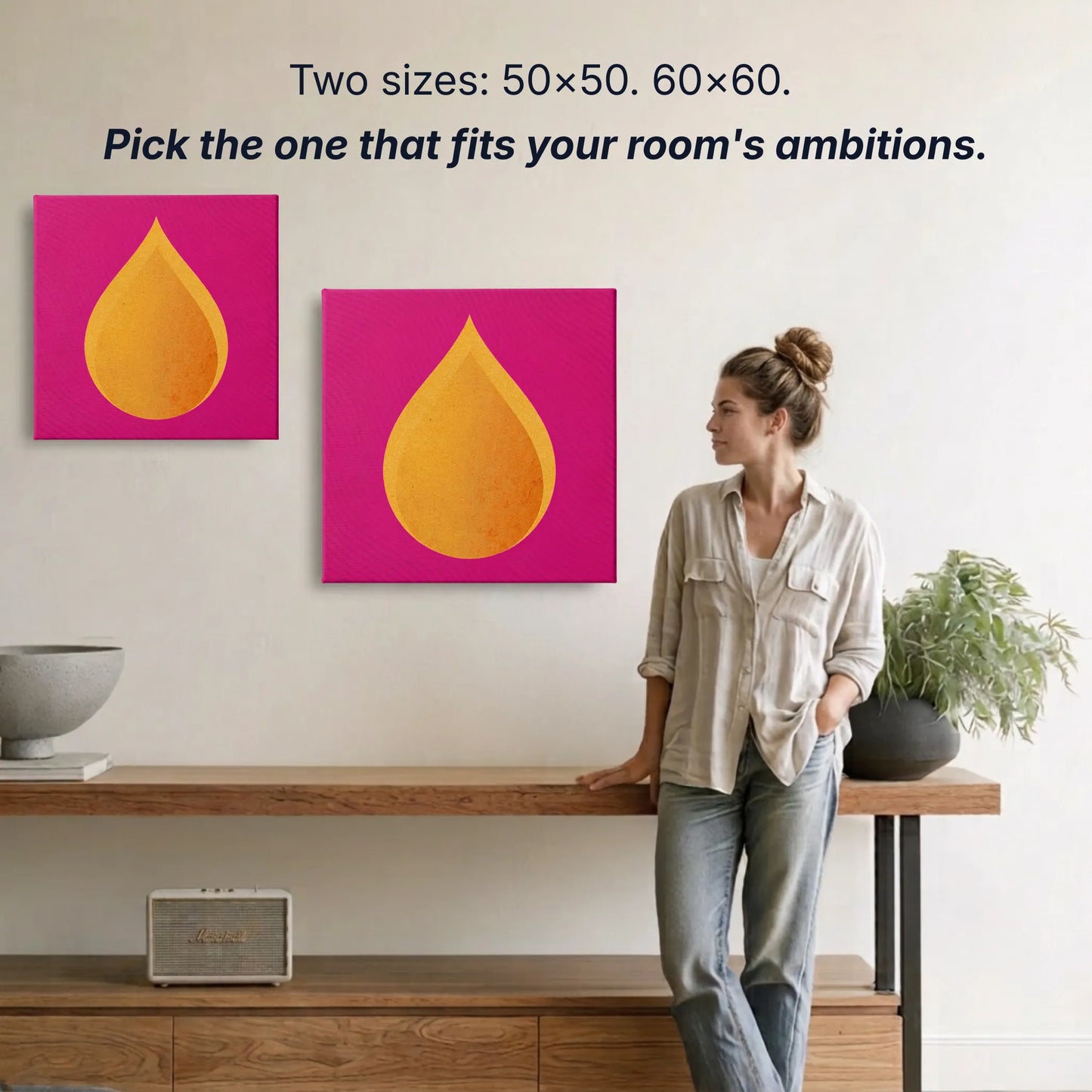 Fire canvas wall art two sizes 50x50cm and 60x60cm shown to scale, small wall art option available