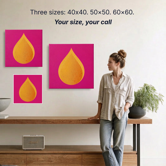 Fire canvas wall art two sizes 50x50cm and 60x60cm shown to scale, small wall art option available