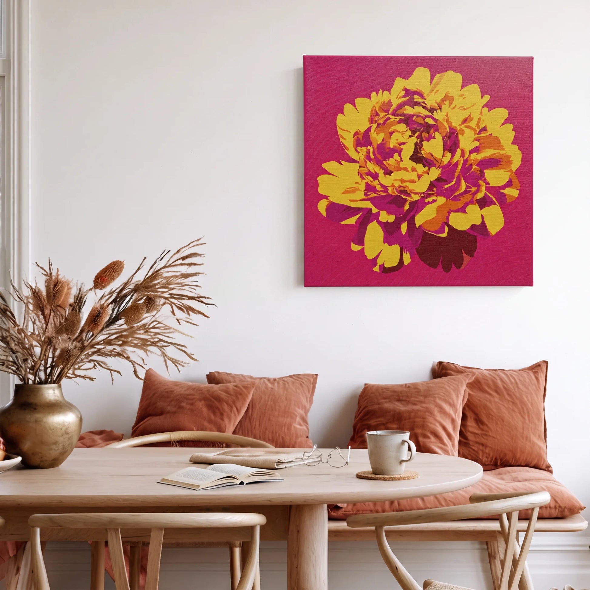 Floral wall art peony canvas in warm dining area with terracotta cushions and dried florals