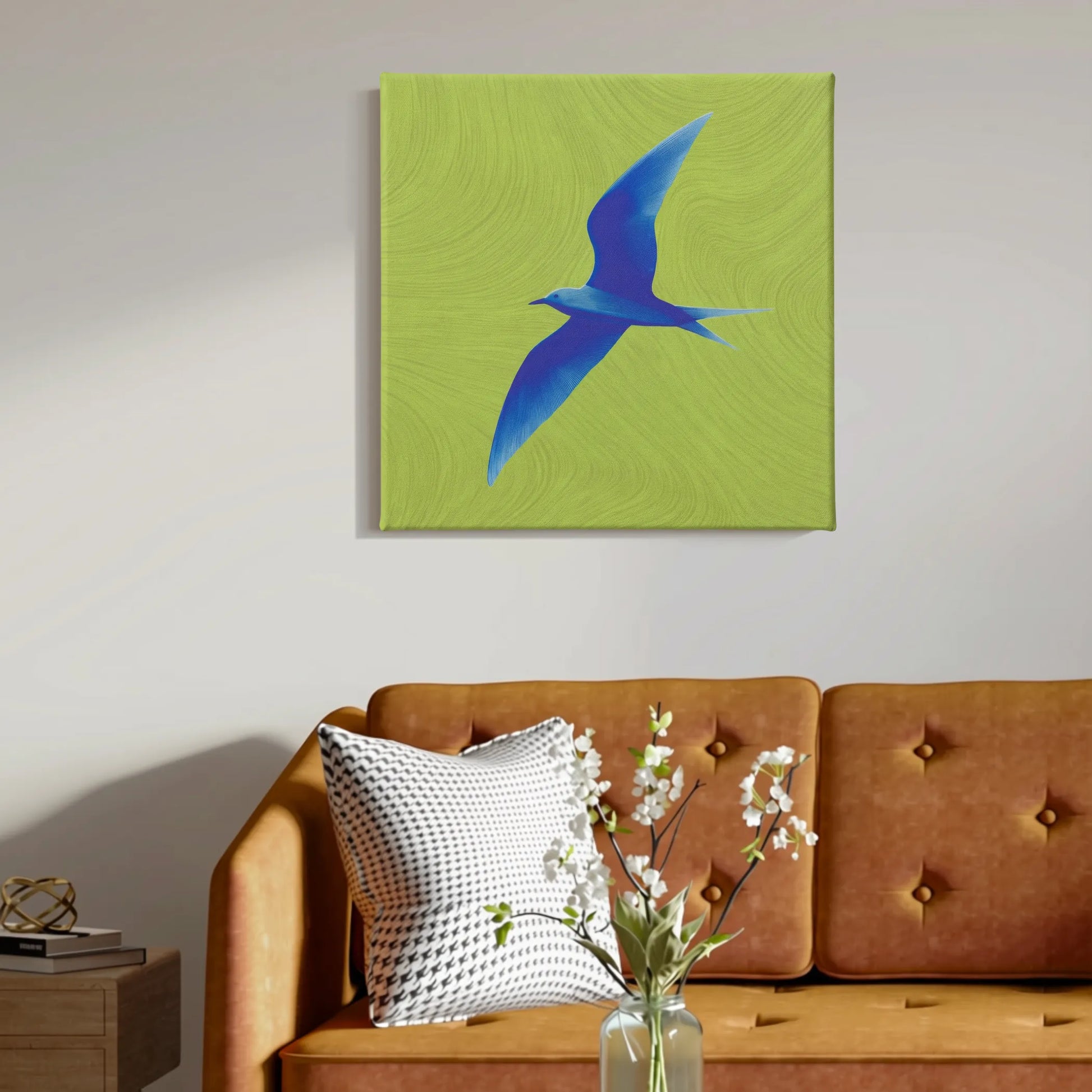 Freedom wall art bird canvas in living room with warm timber coffee table and natural textures