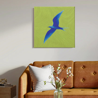 Freedom wall art bird canvas in living room with warm timber coffee table and natural textures