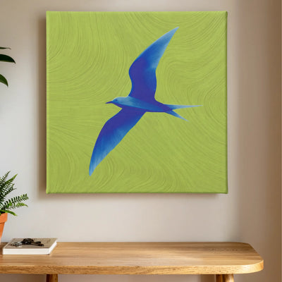 Freedom wall art blue bird canvas printed in Australia, soaring bird on lime green square canvas, ready to hang by RoomFruit