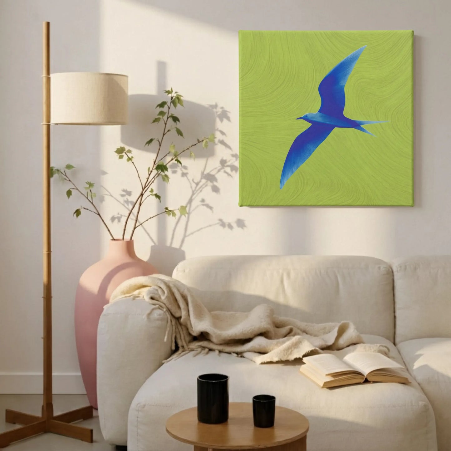 Freedom wall art for living room, bird canvas with pink vase, linen sofa, and warm natural light