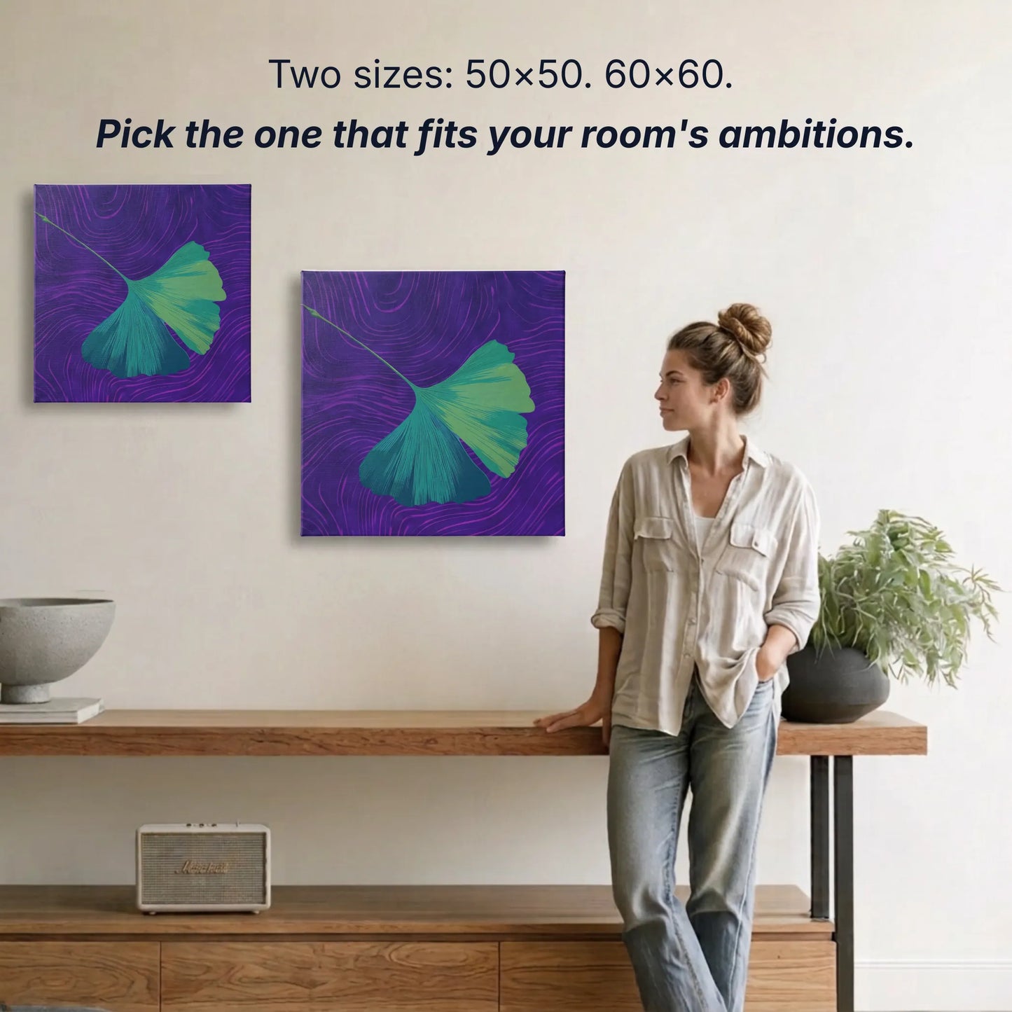 Ginkgo canvas wall art two sizes 50x50cm and 60x60cm shown to scale, small wall art option available