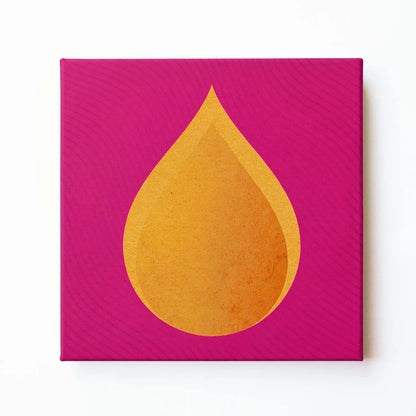 Gold drop wall art print by RoomFruit, golden teardrop on magenta square printed canvas, Australian made